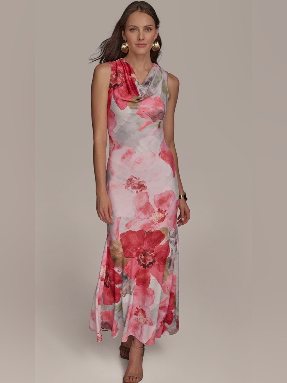 Donna Karan Women's Cowl-Neck Long Lined Floral Gown.  Gray Pink Red. Size 12.